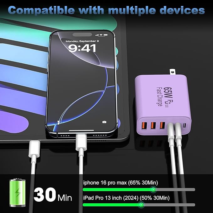 USB C Charger Block,65W 6-Port USBC Charging Block,Wall Charger iPhone Charger Fast Charging,Multiport Type C PD+QC Power Plug for All iPhone 17 16 15 iPad Samsung S23 S24 iWatch Pixel Series (Purple)