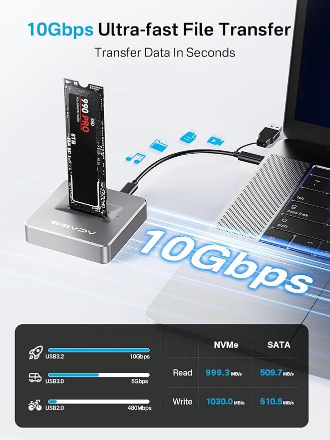ACASIS NVME SSD Reader Adapter, Aluminium Alloy Housing Fast Heat Dissipation, NVME to USB Docking Station, M.2 SSD to USB Adapter 10Gbps, Support M.2 (M Key) NVMe SSD and (B+M Key) SATA-Based SSD