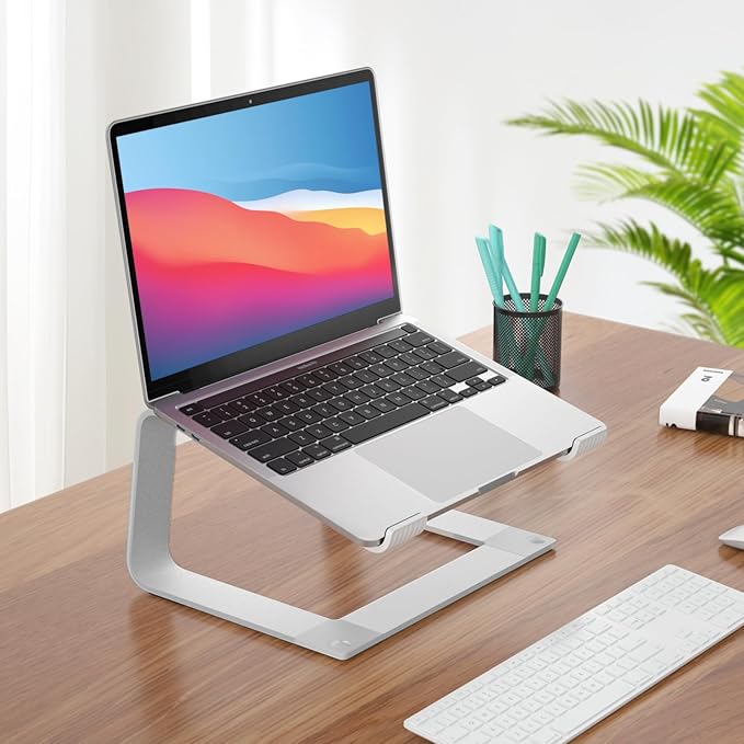 GleYo Laptop Stand for Desk Portable Computer Riser Metal Notebook Holder Printer Stand Office Desk Accessories Compatible with MacBook Air, Pro, Dell, HP, Lenovo and All 10-16" Laptops, Silver