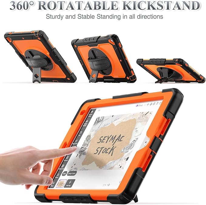 SEYMAC stock Case for iPad 6th / 5th Generation Case/Air 2 / Pro 9.7 inch, Heavy Duty Protective with Screen Protector, with Pencil Holder, Hand Strap, Shoulder Strap, 360 Rotate Stand, Orange+Black