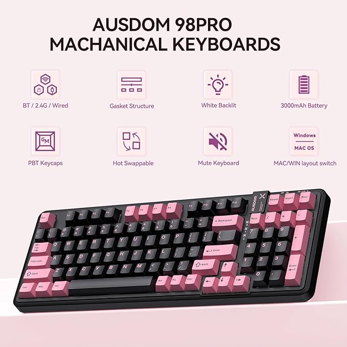 AUSDOM 98Pro Silent Wireless Mechanical Keyboard, Tri-Mode BT/2.4G/USB-C Hot Swappable Custom Quiet Keyboard with Backlit, Gasket Structure, PBT Keycaps,Pre-lubed Tactile Switches(Black & Pink-Silent)