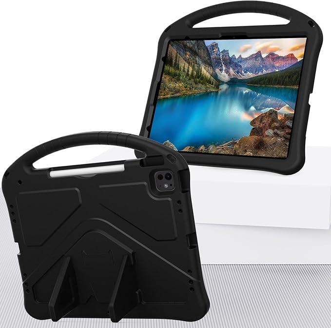 Kids Friendly Case for Apple iPad Air 11 M4 M3 M2 2026 2025 2024/ iPad Pro 11 M5 M4 2025 2024, EVA Durable Shockproof Handle Kickstand Lightweight Cover Case with Shoulder Strap, Black