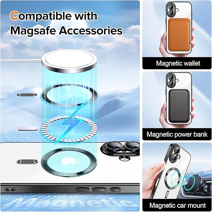 Hython Magnetic Clear for iPhone 16 Case with Camera Lens Protector [Compatible with MagSafe] Luxury Plating Edge Slim Soft TPU Cover Protective Phone Case for iPhone 16 6.1", Black