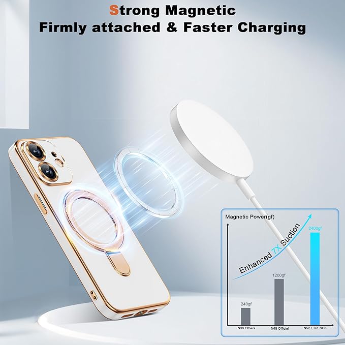 Compatible with iPhone 12 Case with Magnetic Ring Stand [Compatible with Mag-Safe] [Full Camera Lens Protector] Soft Plating Phone Case for iPhone 12 6.1", White