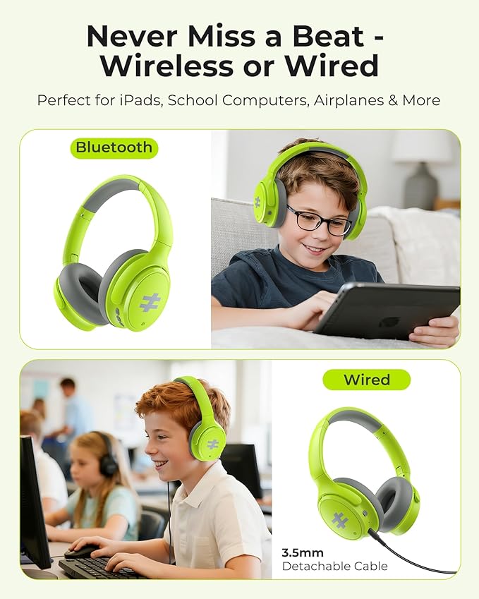 seenda Active Noise Cancelling Headphones for Kids, HEO-303 Bluetooth 5.4 60H Playtime Type C Fast Charging, 74/85/94 dB Safe Volume Limit Headset with Mic for Ipad, Airplane, Travel, Green