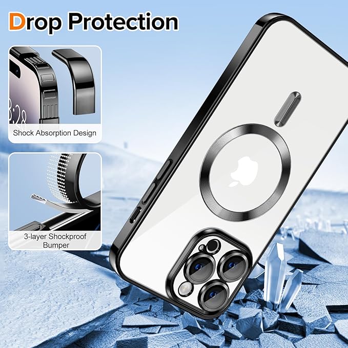 Hython Magnetic Clear for iPhone 14 Pro Max Case with Camera Lens Protector [Compatible with MagSafe] Plating Edge Slim Soft TPU Cover Protective Phone Case for iPhone 14 Pro Max 6.7", Black