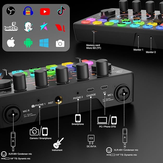 Podcast Equipment Bundle, Mixer with 48V XLR Condenser Microphone, TF card,5RGB,Surround Sound,Suitable for Streaming/TikTok/YouTube, Compatible with Mobile Phones, PC,Camera RS2