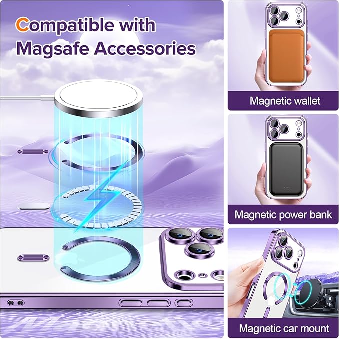 Hython Magnetic Clear for iPhone 17 Pro Case with Camera Lens Protector [Compatible with MagSafe] Luxury Plating Edge Slim Soft TPU Cover Protective Phone Case for iPhone 17 Pro 6.3", Deep Purple
