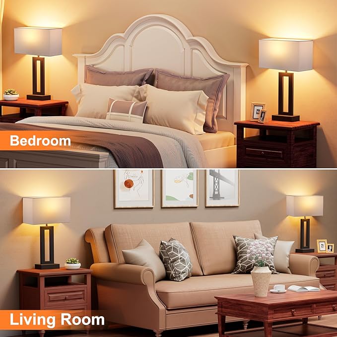 Nightstand Table Lamps for Bedrooms Set of 2 - Touch Bedside Lamp with USB C+A, 3 Way Dimmable Living Room Lamps for End Tables Set of 2, Modern Night Stand Lamps for Bed Side Guest Room(White)