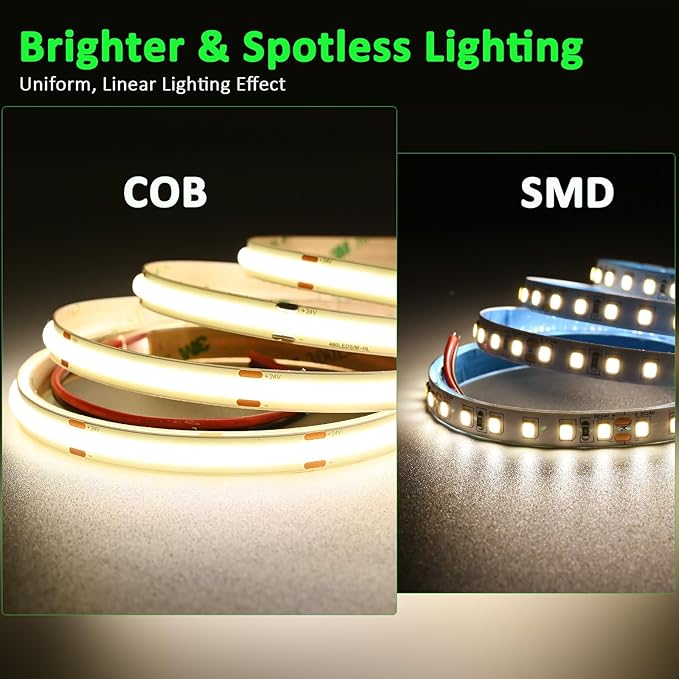 JOYLIT 49.2FT/15M COB LED Strip Lights 24V 4000K Natural White Indoor, 480LEDs/M High Density Spotless CRI 90+ Dimmable Flexible Tape Light for Bedroom, Cabinets, Retail (Power Supply Not Included)