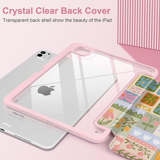 Case for iPad Pro 13 inch (M5) 2025 (M4) 2024 Release Slim Lightweight Cute Light Pink Cover with Clear Back TPU Edge Pencil Holder Trifold Stand, Flower Patchwork