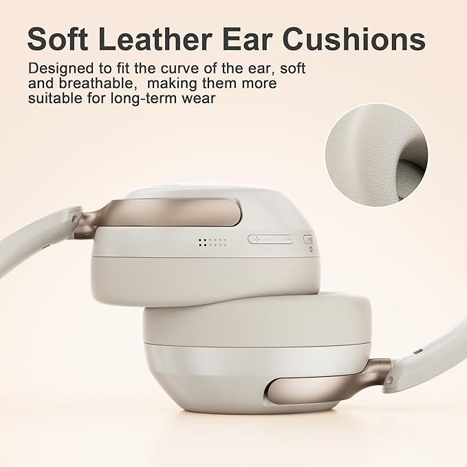 LORELEI QC30 Hybrid Active Noise Cancelling Headphones,Over-Ear Wireless Bluetooth,Beige Protein Leather, Active Noise Control & Transparency Mode,Deep Bass, Built-in Mic