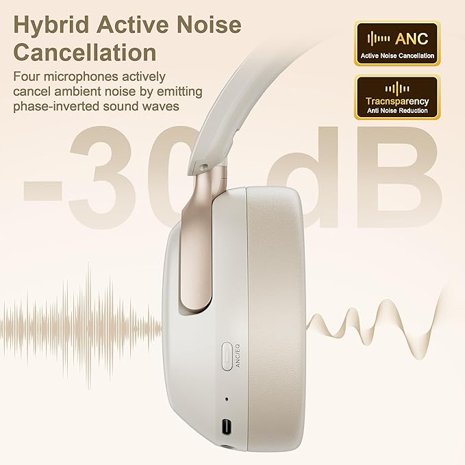 LORELEI QC30 Hybrid Active Noise Cancelling Headphones,Over-Ear Wireless Bluetooth,Beige Protein Leather, Active Noise Control & Transparency Mode,Deep Bass, Built-in Mic