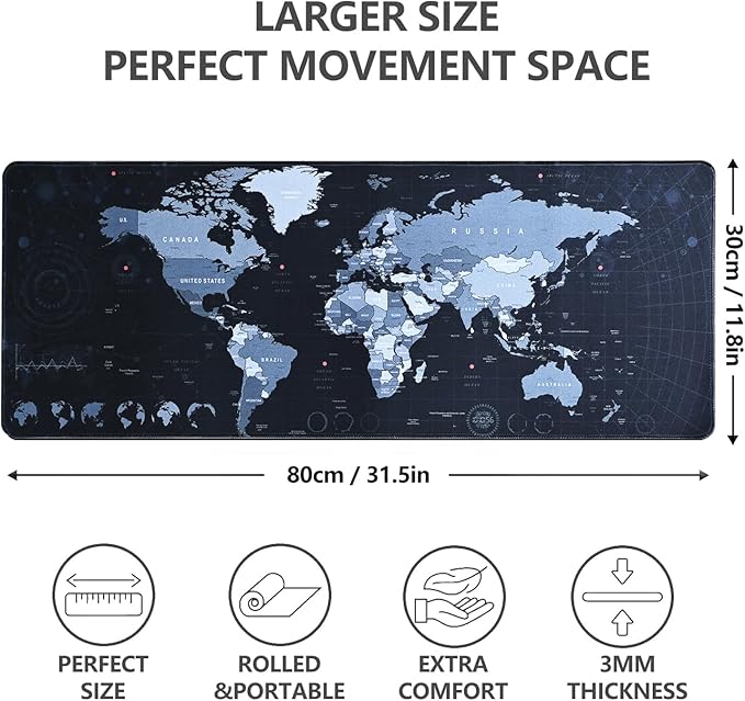 Gaming Mouse Pad XL XXL With World Map (31.5 x 11.8in) - Desk Mat, Large Keyboard Mat 3MM Anti Slip and Waterproof Rubber (Black)