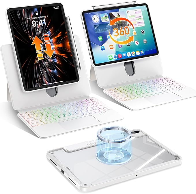 Keyboard Case for iPad Pro 13 Inch M5/M4 2025/2024, Clear Detachable Magnetic 360 Rotatable & Liftable Cover, 7-Color Backlit, Native Gesture Trackpad, 180 Kickstand, White