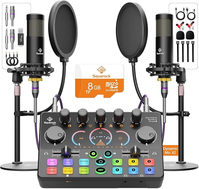 Podcast Equipment Bundle for 2, with XLR Dynamic Microphone, TF card, 5RGB,Surround Sound,Suitable for Live Streaming/TikTok/YouTube, Compatible with iOS,Android,PC,Camera RS2