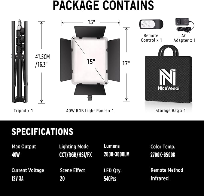 NiceVeedi 40W RGB Photography Lighting with 20 Effects, 360° Full Color/2700-6500K Studio Lights with Remote & Display, Lighting for Video Recording/Photography/Streaming/YouTube/TikTok/Content Creat