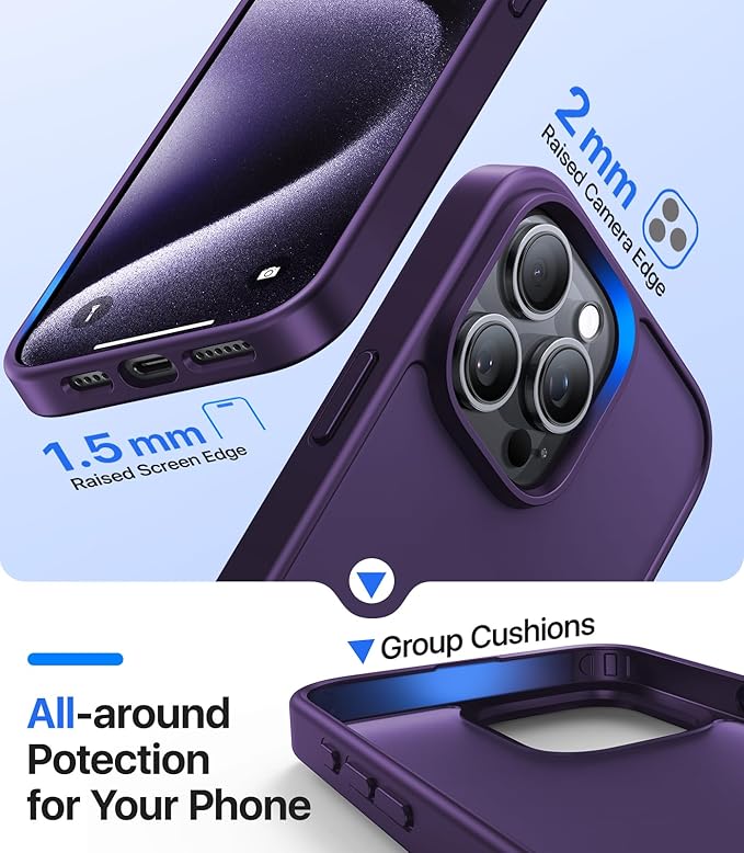 for iPhone 15 Pro Max Case[Military-Grade Drop Protection][Anti-Yellowing] Shockproof Protective Translucent Matte Cover for iPhone 15 Pro Max Phone Case,Dark Purple