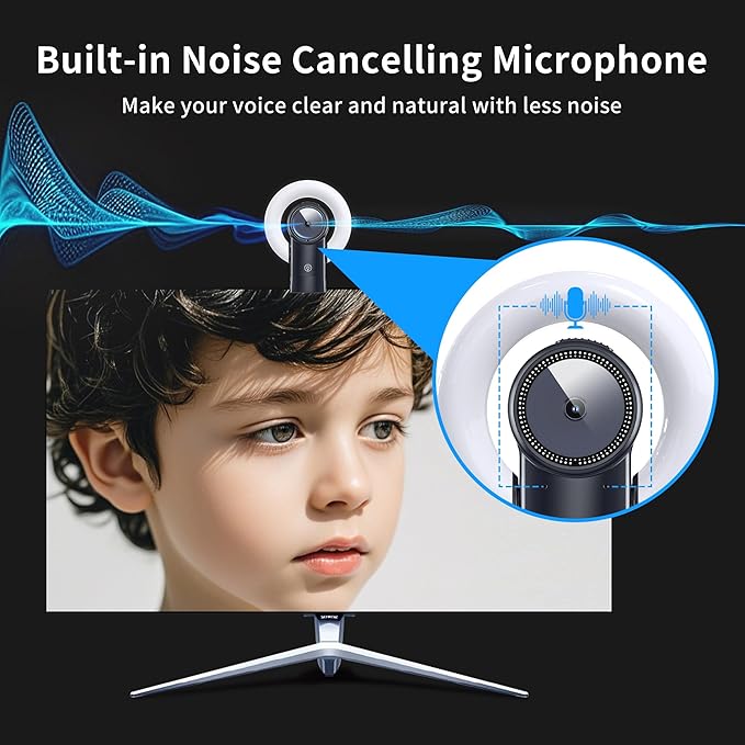 4K Webcam with Light, Web Cam with Speaker, Dual Noise Reduction Plug and Play, Web Camera for Desktop Computer, Auto-Focus, Privacy Protection, Webcam for PC Zoom Skype