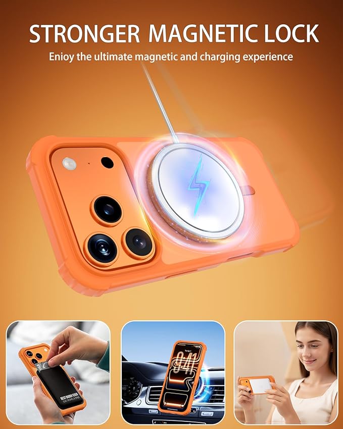 for iPhone 17 Pro Case, Magnetic Shockproof Matte Semi-Transparent Orange Cover, Compatible with MagSafe, Durable Anti-Fingerprint Anti-Scratch 3-in-1 Set Phone Case