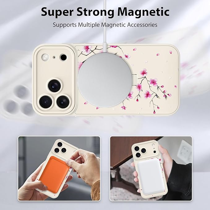 KANGHAR Compatible with iPhone 17 Pro Max Case, Magnetic Compatible with MagSafe, Cute Flower Floral Pattern Wristband Kickstand Full Camera Lens Shockproof Protective Case for Girls Women, White