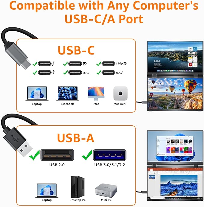 Upperizon Portable Monitor Foldable Dual Screen 15.6 inch FHD 107% sRGB IPS HDMI USB-C Travel Monitor for Laptop Mac PC Windows, DisplayLink Stacked Screen Extender with Kickstand, VESA Compatible