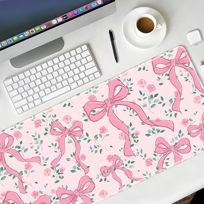 Pink Bow Gaming Mouse Pad Large Desk Mat Extended Keyboard Mouse Pad Anime Mousepad with Non-Slip Base and Stitched Edge Mouse Mat Desk Pad 31.5 x 11.8 Mouse Pads for Desk Home Office Gaming