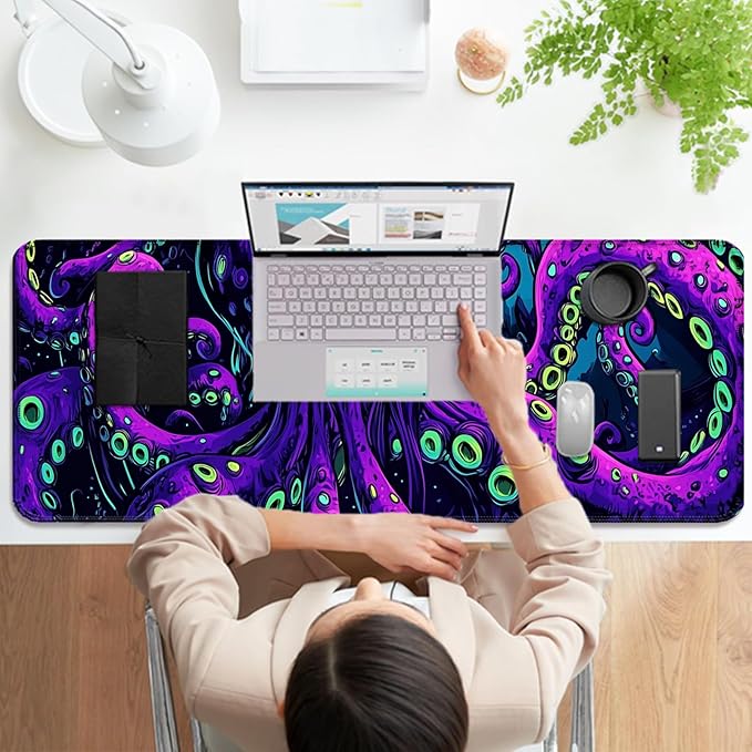 Octopus Monster Gaming Desk Mat, Computer Keyboard Large Extended Cool Neon Animal Mouse Pad for Office and Home, 31.5×11.8 Inches, XL