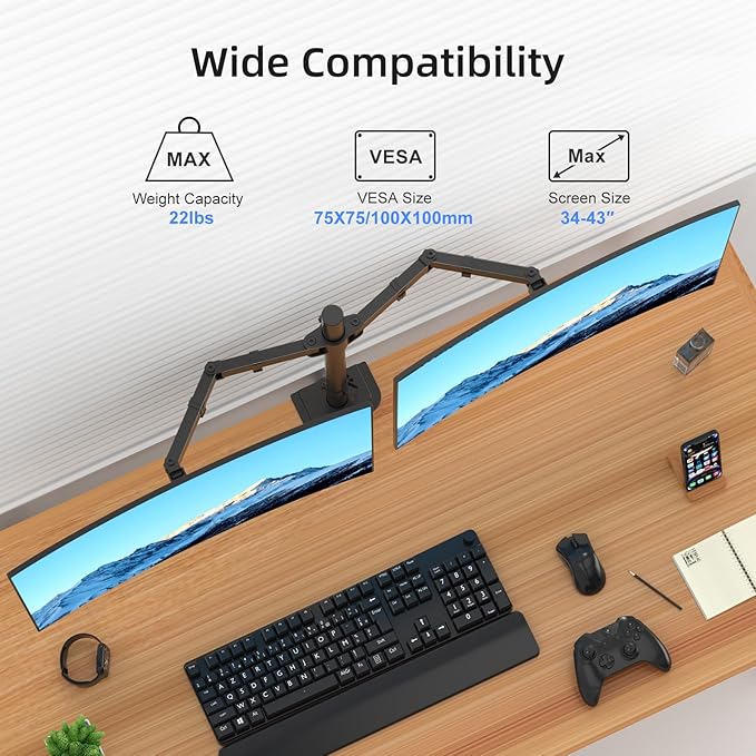 Suptek Dual Monitor Desk Mount, Adjustable Dual Monitor Arm for 2 Monitor Screens up to 43 inch, 15.75" Pole Monitor Stand for Desk, Holds up to 22 lbs, Black(MD9442LB)