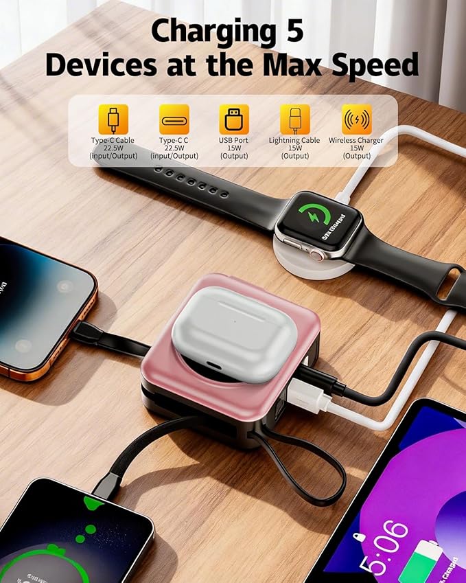 for Magsafe Portable Charger with Built-in Cables and AC Wall Plug, 10000mAh Magnetic Wireless Power Bank 22.5W Type-C in & Out Fast Charging Battery Pack for iPhone 17/16/15/14/13/12 Series, Pink