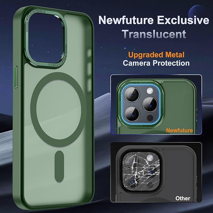 Newfuture Magnetic for iPhone 15 Pro Case [Compatible with Magsafe] [Military Grade Drop Protection] Translucent Matte Anti-Fingerprint Shockproof Phone Case for iPhone 15 Pro 6.1 inch, Dark Green