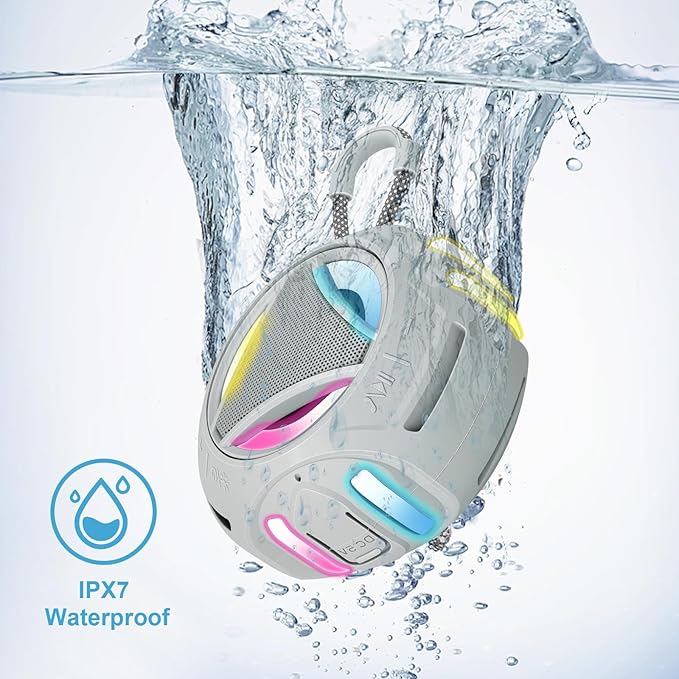 Portable Bluetooth Speaker, IPX7 Waterproof Shower Speaker, Wireless Outdoor Speakers, Floating, Built-in Mic, 24H Playtime with LED Lights, Loud HD Sound, Powerful Bass, Gifts for Unisex - Gray