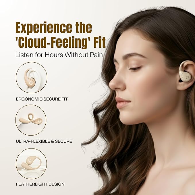 Wireless Earbuds with Ear Hooks, Over Ear Bluetooth Earbuds, Secure Fit, 60H Playtime, LED Display, IPX5 Waterproof (Beige)