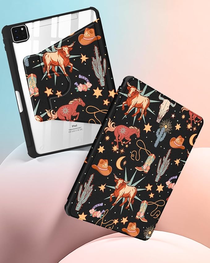 Uppuppy for iPad Air 11 inch Case(Air M4 2026, 8th Gen/M3 2025/M2)/Air 5th/4th Gen 10.9", for iPad Pro 11 inch Case(4th/3rd/2nd/1st Gen) - 360 Rotating Folio Cover with Pencil Holder, Western Cowboy