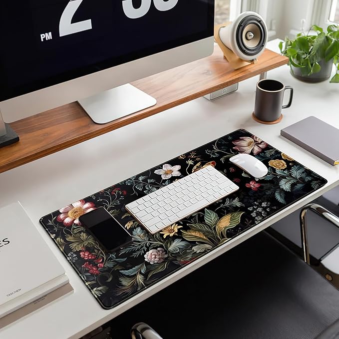 Dark Floral Desk Mat Vintage Aesthetic Desk Pad Flower Plant Black Extended Mouse Pad Large Gaming Mousepad XL Laptop Computer Mouse Keyboard Mat 31.5 x 11.8 in for Office Decor