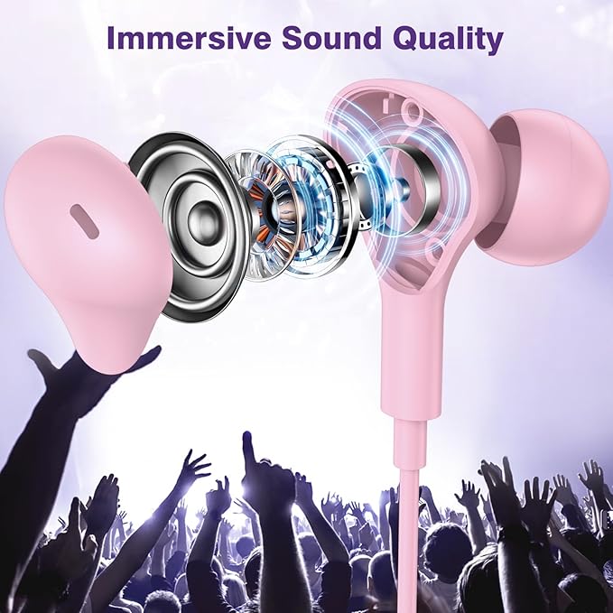 USB C Headphones for iPhone 17 16 15 Plus/Galaxy S26 S25 Wired Earbuds with Microphone for Samsung S24 S23 S22 S21 S20 Ultra, Magnetic Noise Canceling in-Ear Type C Earphone for iPad 10/Pixel 8a, Pink