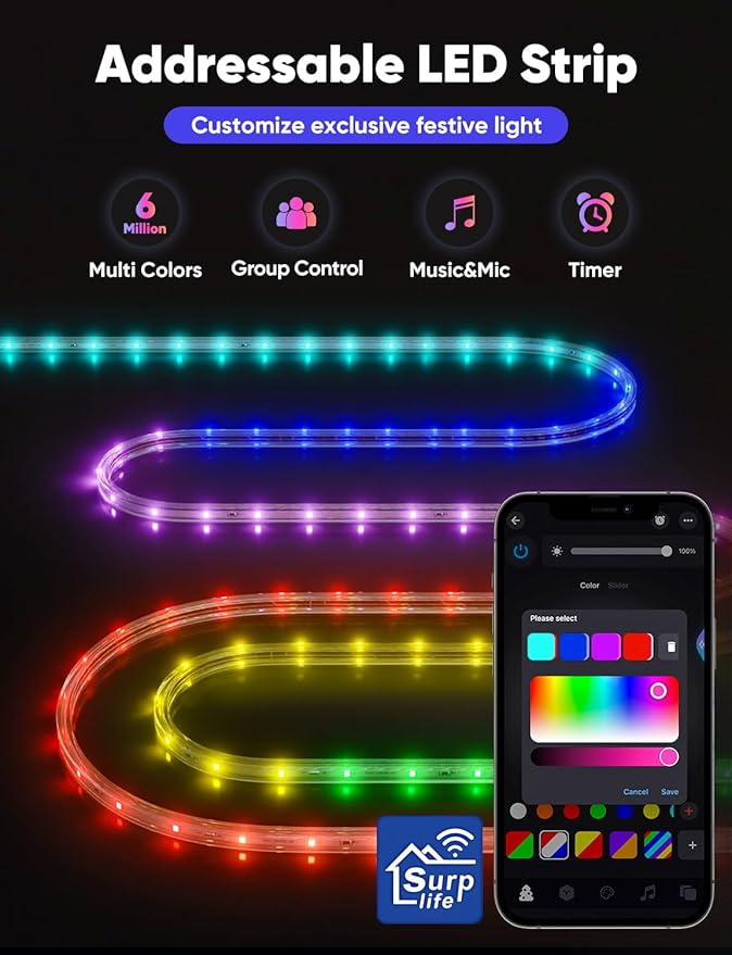 33FT Outdoor LED Strip Lights RGB+IC with Warm&Cool White, ETL Listed Music Sync Light Strip AC 120V, IP65 Waterproof and Connectable, for Party Festival Eave Porch Patio Every Day Decor