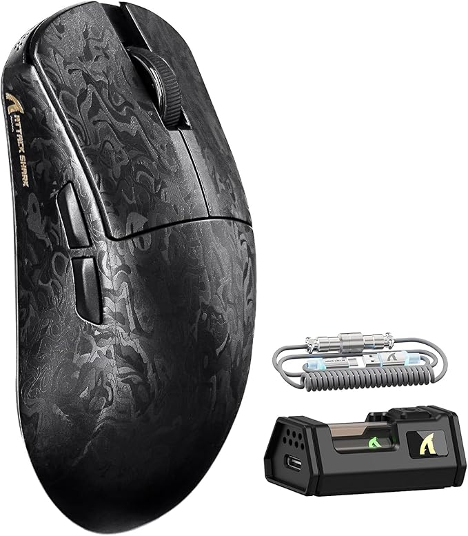 ATTACK SHARK R11 Ultra 8K Carbon Fiber Wireless Gaming Mouse with 42000 DPI-PAW3950 MAX Sensor-49g Lightweight,Nordic 52840 MCU Chip,Wired/BT/2.4Ghz Programmable,RGB Coiled Cable for PC Mac(Black Ink)
