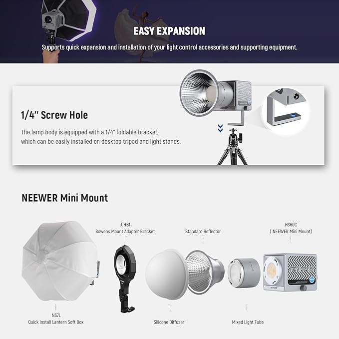 NEEWER HS60C Pro 60W Portable RGB LED Video Light, APP DMX/Panel Control/Custom Effects/Light Group 8700Lx/1m 2700-6500K CRI97+ COB Continuous Output Lighting for Video Recording Studio Photography
