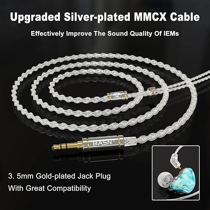 BASN MMCX in Ear Monitor Headphones,Triple Driver IEM in-Ear Earphone for Musician Drummer, Noise-Isolation HiFi Stereo Earbuds with Two Detachable Cables(Bluish White)