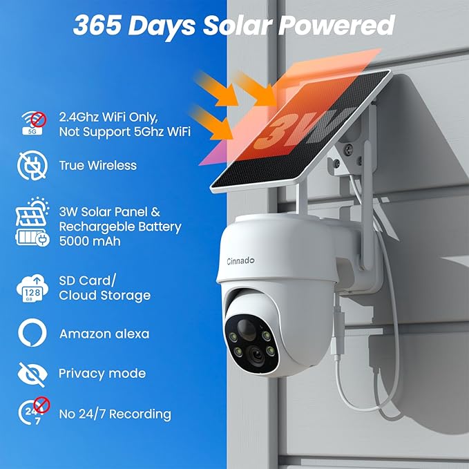 2K Cameras for Home Security-2.4G WiFi Outdoor Camera Wireless Solar/Battery Powered with solar panel, 360° Viewing, AI Human Detection, Color Night Vision, with SD Storage, Works with Alexa(2 Pack)