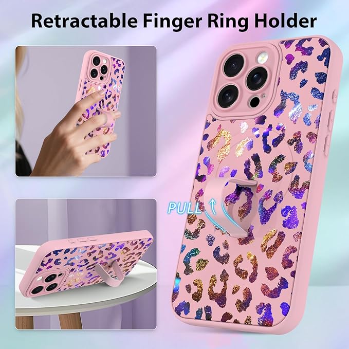 KANGHAR Compatible with iPhone 16 Pro Max Case, Support for MagSafe, Silicone Cute Iridescent Leopard Cheetah Pattern, Wristband Kickstand Shockproof Protective Slim Cover for Women Girls, Pink