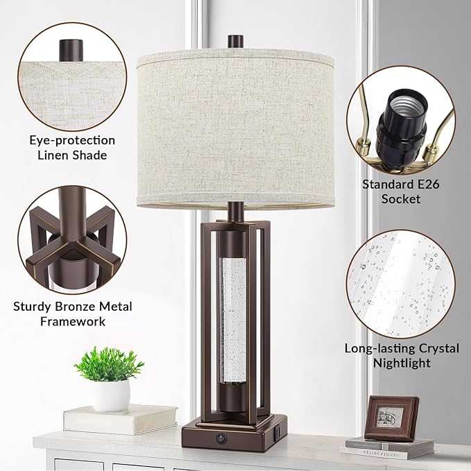 TOBUSA 26’’ Vintage Table Lamps for Living Room Set of 2, Farmhouse Lamps for Bedroom with 2 USB Ports and Crystal Night Light, Rustic Bedside Lamps with Linen Shade for Night Stands End Table, Brown