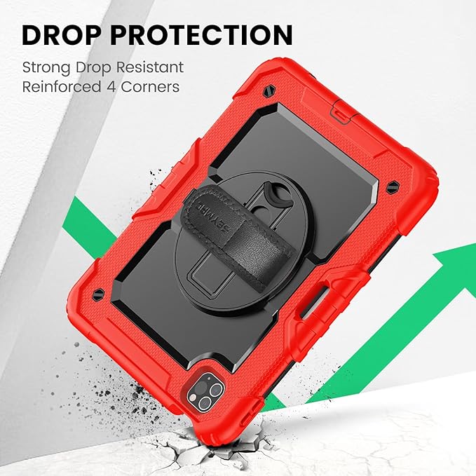 SEYMAC Case for iPad Pro 11 Case 4th/ 3rd/ 2nd/ 1st Gen (2022/2021/2020/2018), Full-Body Shockproof Protective Case with Screen Protector, 360° Rotating Stand and Hand/Shoulder Strap, Red