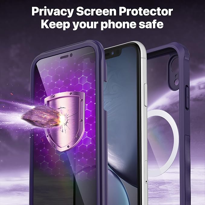 CENHUFO Privacy Magnetic for iPhone XR Case, Full Body Phone Case Built-in 9H Tempered Glass Privacy Screen Protector [Compatible with Magsafe] Shockproof Protective Bumper Clear Cover - Purple