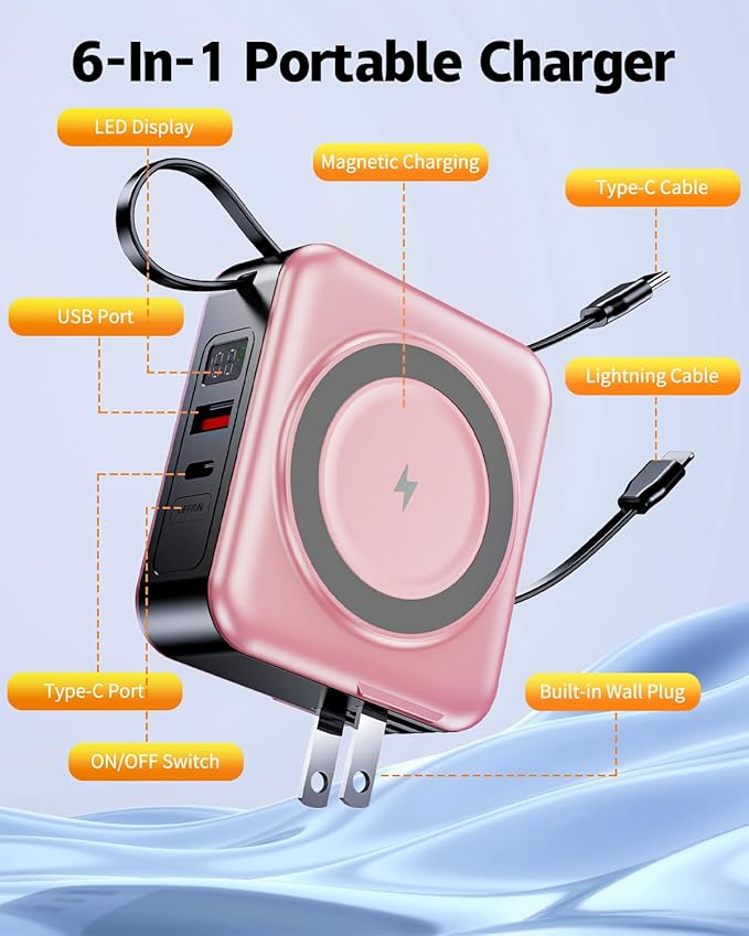 for Magsafe Portable Charger with Built-in Cables and AC Wall Plug, 10000mAh Magnetic Wireless Power Bank 22.5W Type-C in & Out Fast Charging Battery Pack for iPhone 17/16/15/14/13/12 Series, Pink
