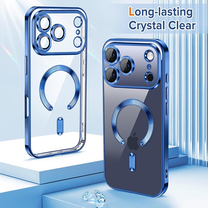 Hython Magnetic Clear for iPhone 17 Pro Max Case with Camera Lens Protector [Compatible with MagSafe] Plating Edge Slim Soft TPU Cover Protective Phone Case for iPhone 17 Pro Max 6.9", Deep Blue
