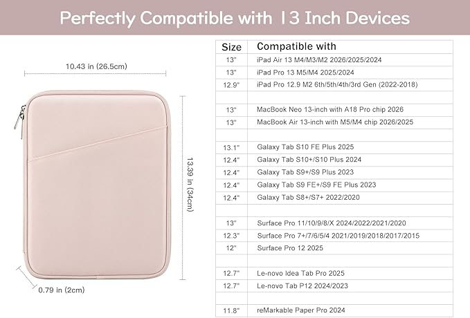 Dadanism 13 Inch Tablet Sleeve Bag Carrying Case for iPad Pro 13" M5/M4 2025/2024, iPad Air 13" M4/M3 2026/2025, iPad Pro 12.9", Galaxy Tab S10+/S9 FE+/S9+ 12.4", Remarkable Paper Pro 11.8", Pink