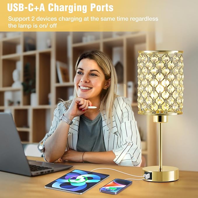 GyroVu Crystal Table Lamp, Gold Touch Lamp for Nightstand with USB C+A Ports, Dimmable Lamp with Crystal Shade, Bedside Lamp Small Lamp for Bedroom, Living Room(Buld Included)