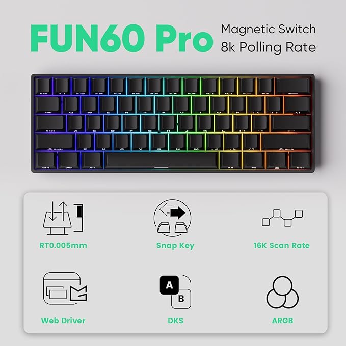 MONSGEEK FUN60 Pro Rapid Trigger Gaming Keyboard 16k Scan Rate SP Magnetic Switch HE Keyboard Wired 60% Black Shine-Through (Glare Magnetic Switch)